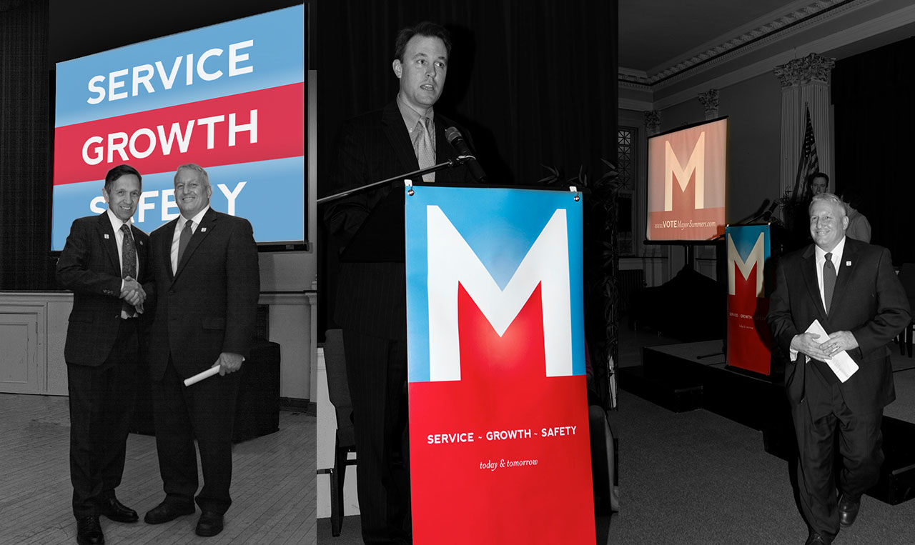 Mike Summers Campaign Announcement Event banner and Powerpoint screens.